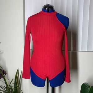 Red longsleeve cut out shoulder turtleneck bodysuit Spandex